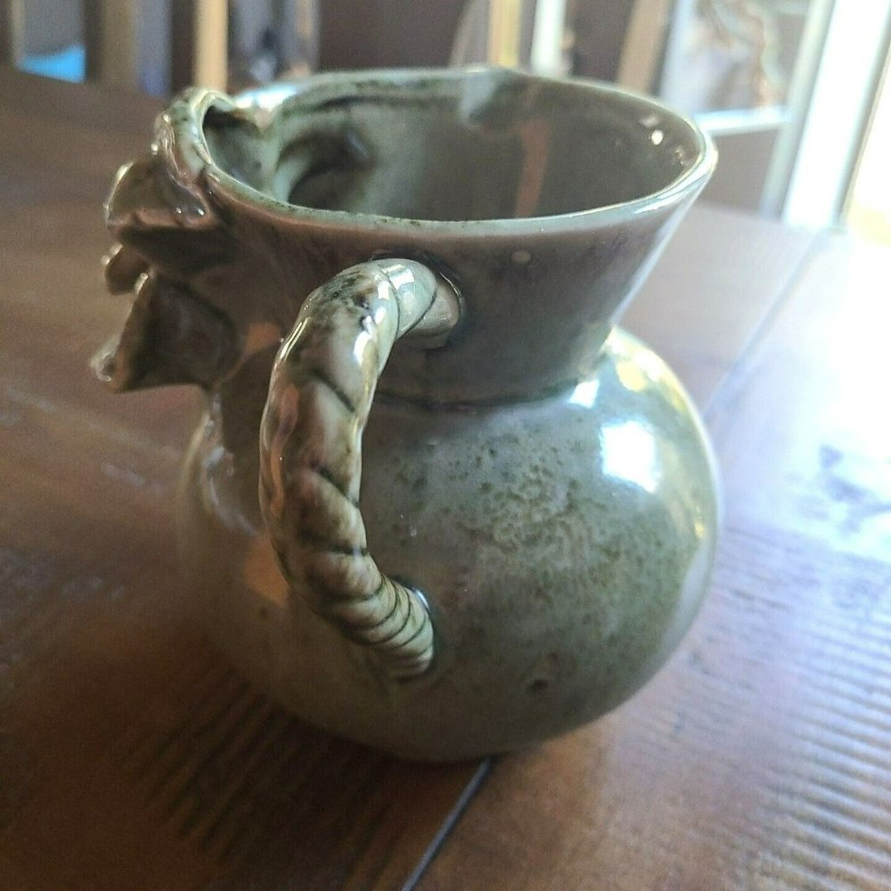 Artisan Pottery Art Vase Pitcher 3-D Flower Leaf Rope Look Handle Green Speckled - Picture 4 of 5